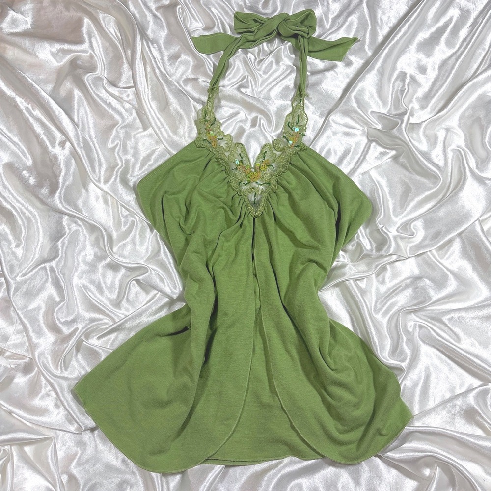 y2k Halter Top Green Excellent Bisou Bisou Lace Sequin Embroidered Tulip Hem L